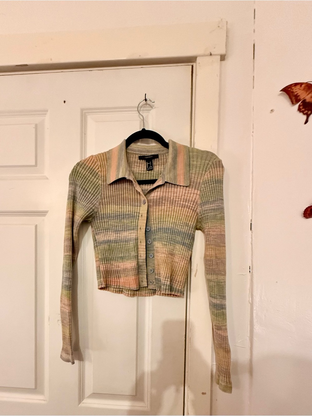 Forever 21 Pastel Striped Ribbed Button-Up Crop Cardigan
